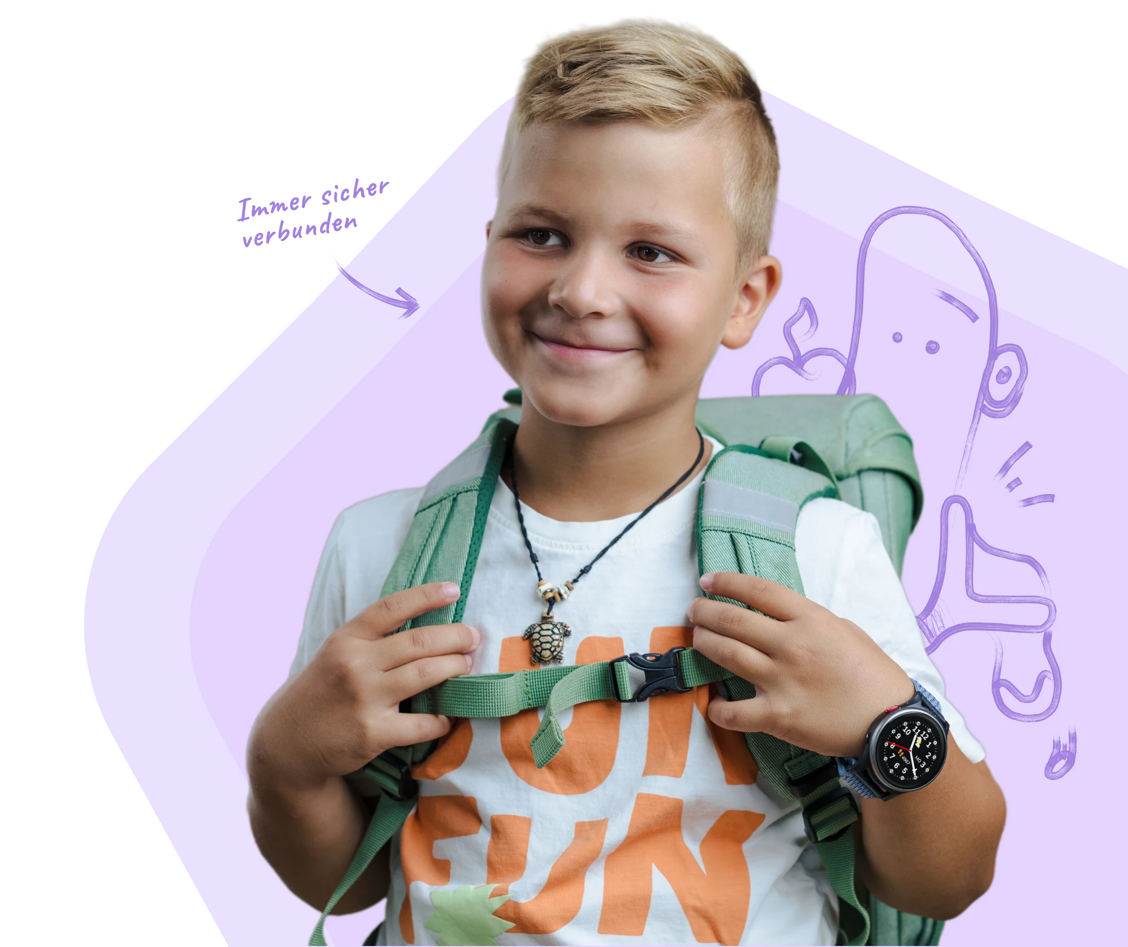 Junge mit grünem Schulranzen und Anio Kinder-Smartwatch