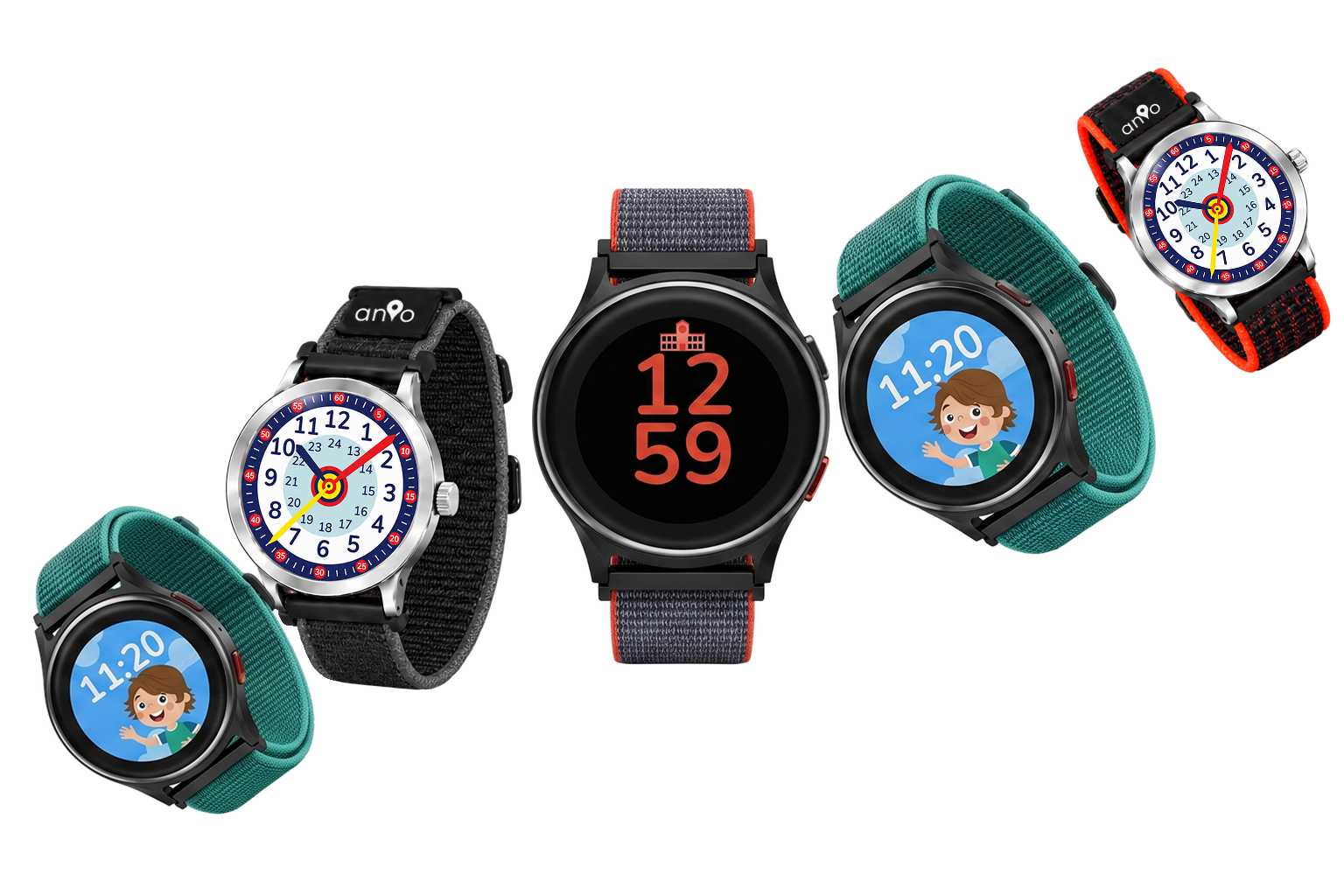 Analoge Anio 3 Kinderuhren und Anio 6 Smartwatches in verschiedenen Farben